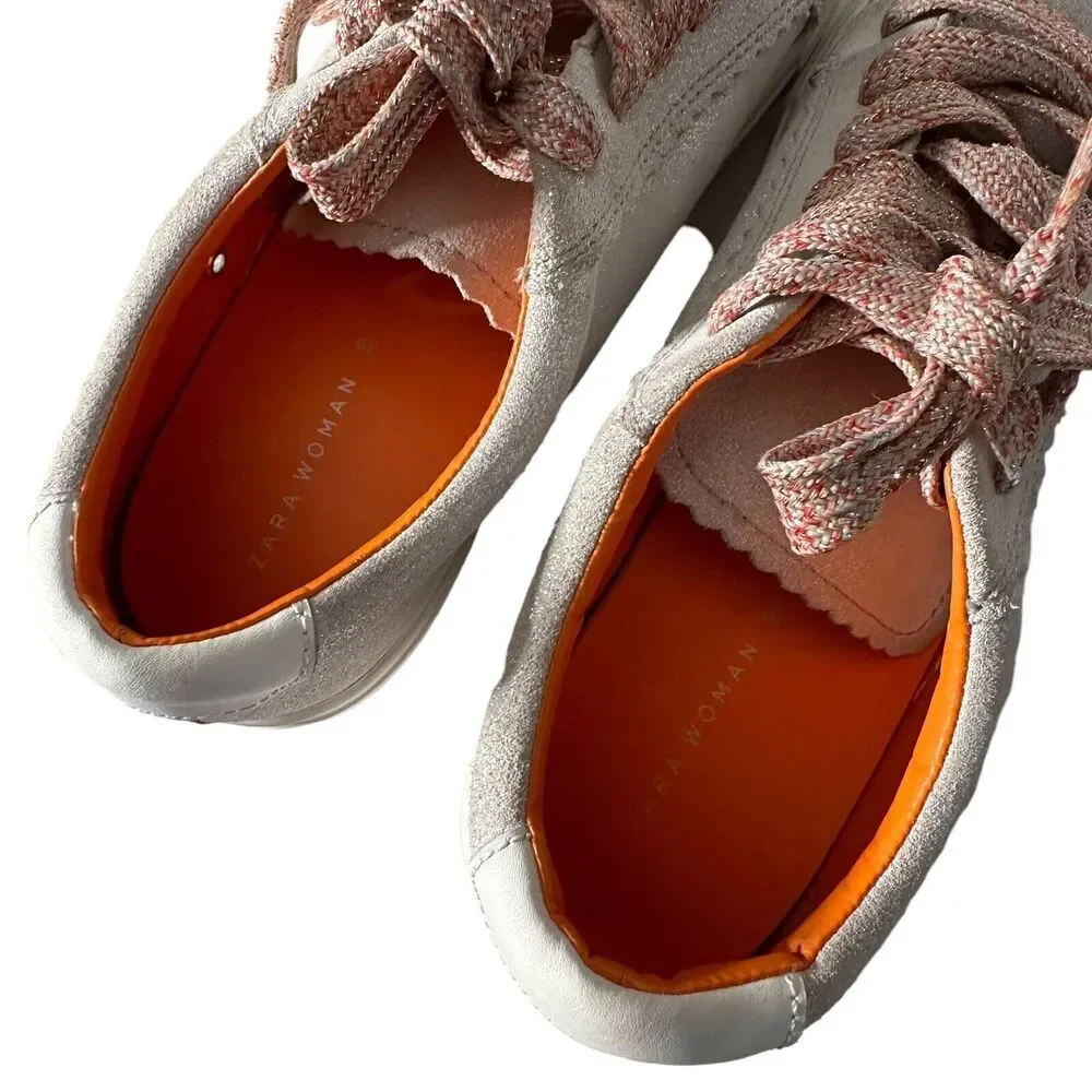 ZARA Women Metallic Glitter Silver Lace Up Fashion Sneakers Size EU 39 US 8‎